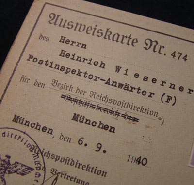 Munich Postal Inspector 1940 Ausweis - Hauptstadt der Bewegung