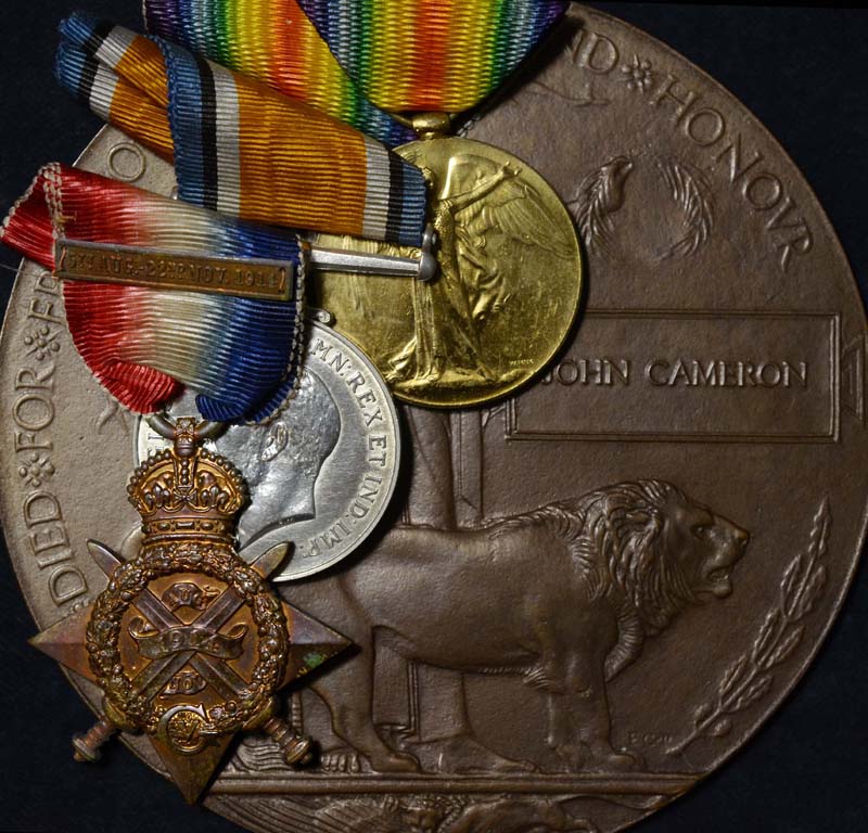 Cameron Highlanders | Trio & Plaque | Probably First Man to Die In W.W.I