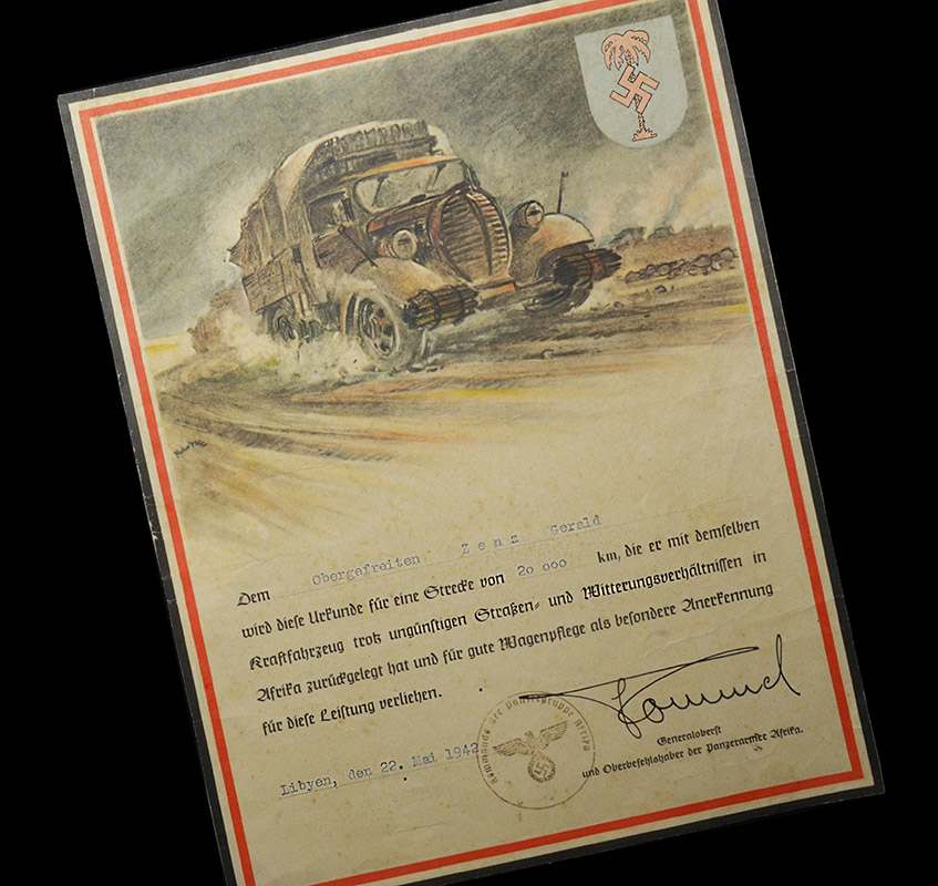 Afrikakorps  Rommel Truck Driver Citation | Rare